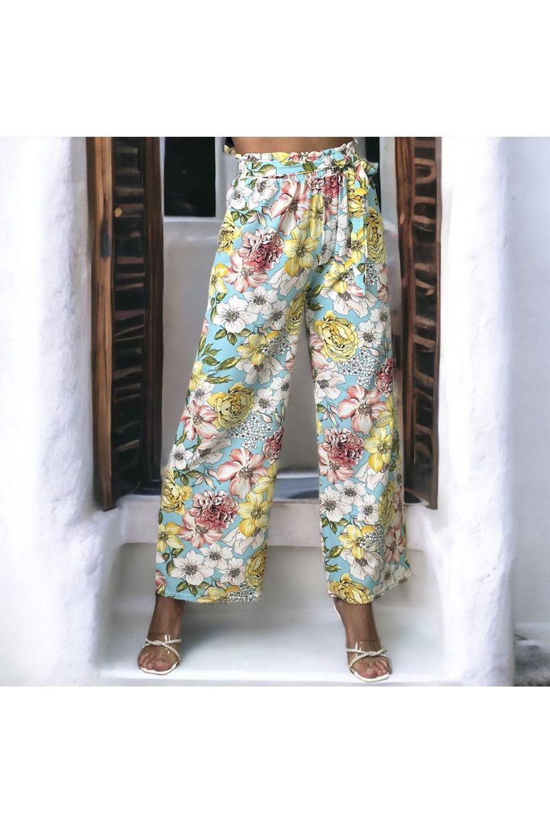 Turquoise palazzo trousers with flower pattern - 1