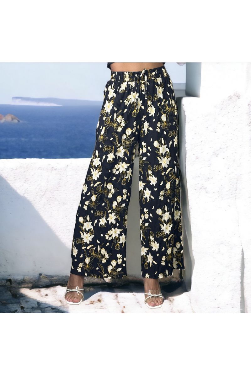 Black pleated palazzo pants with flower pattern - 1