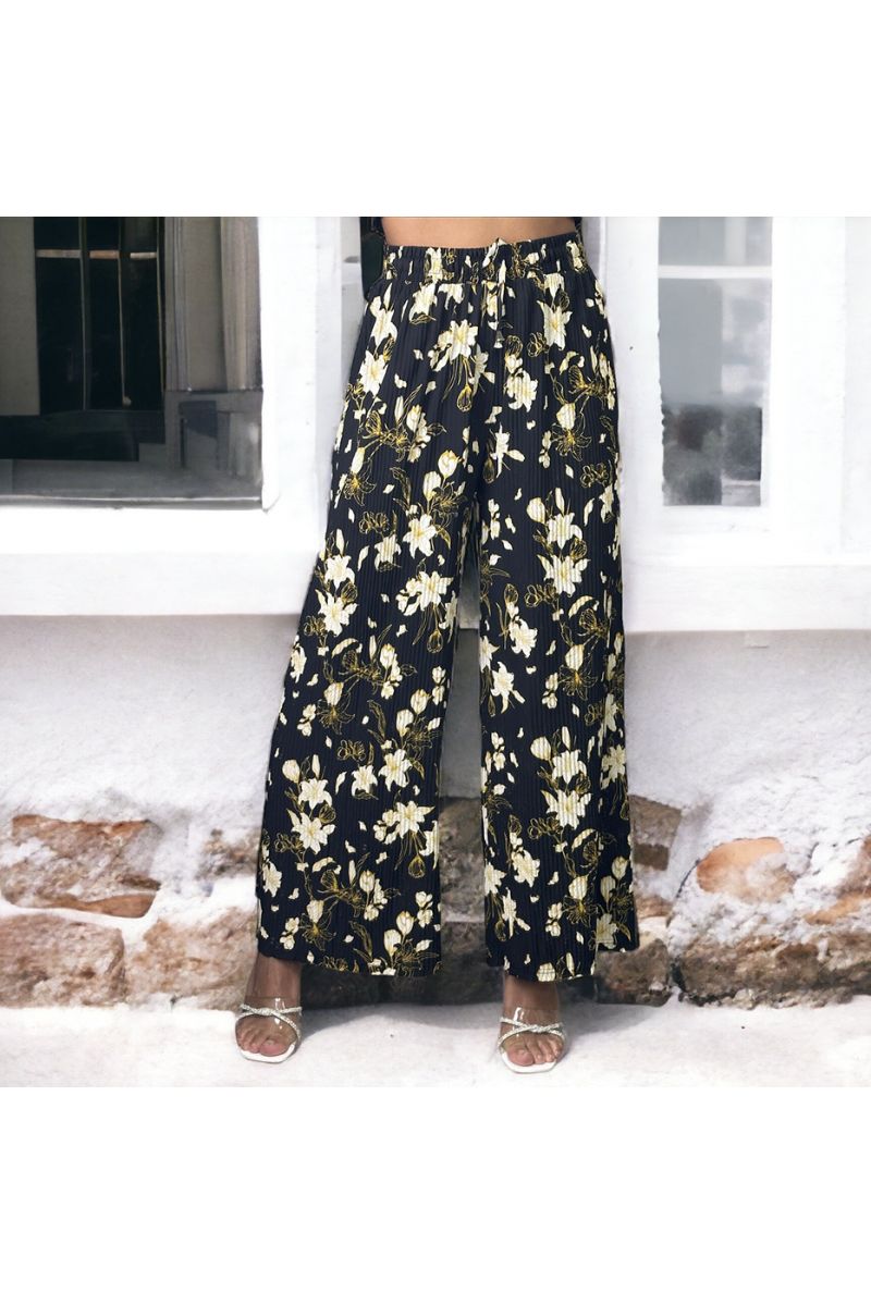 Black pleated palazzo pants with flower pattern - 2