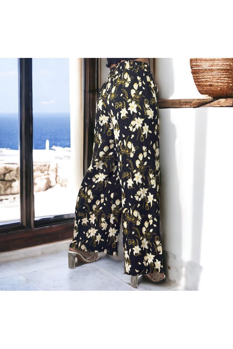 Black pleated palazzo pants with flower pattern - 3
