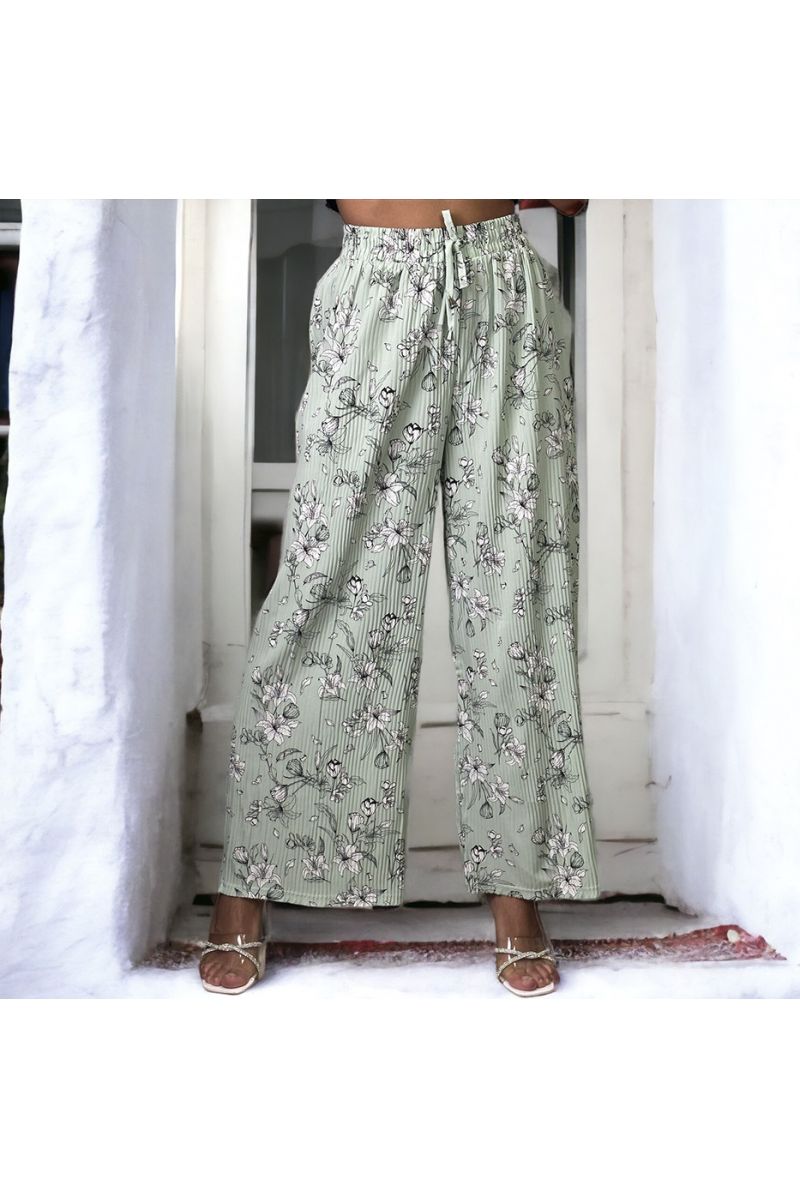 Green pleated palazzo trousers with flower pattern - 1