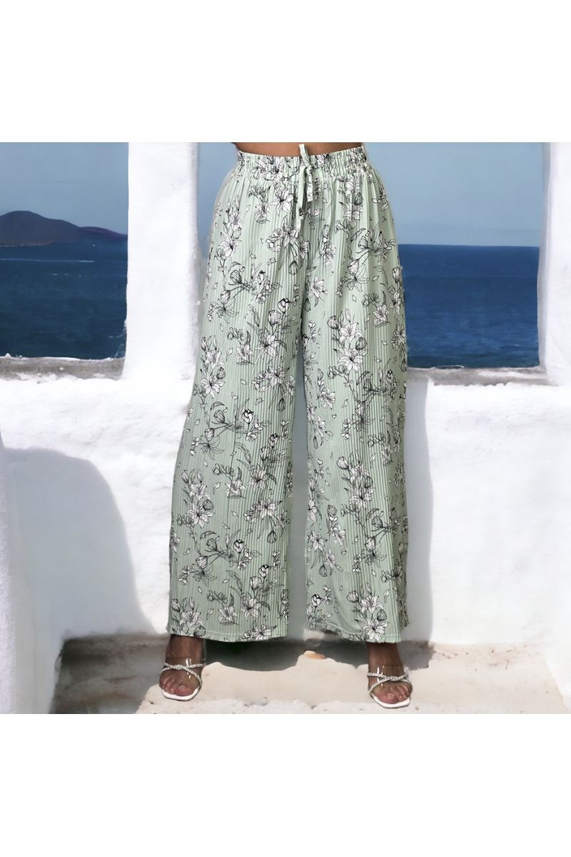 Green pleated palazzo trousers with flower pattern - 2