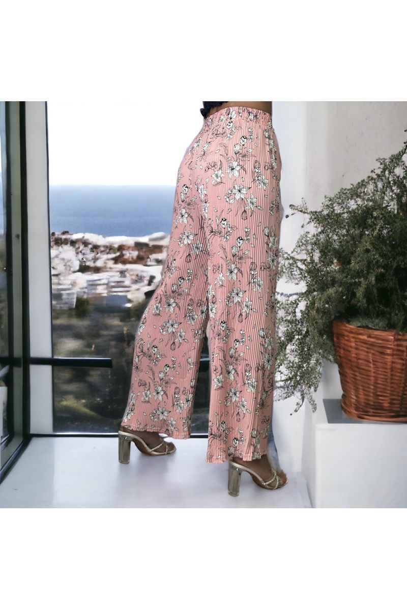 Pink floral pleated palazzo pants - 1