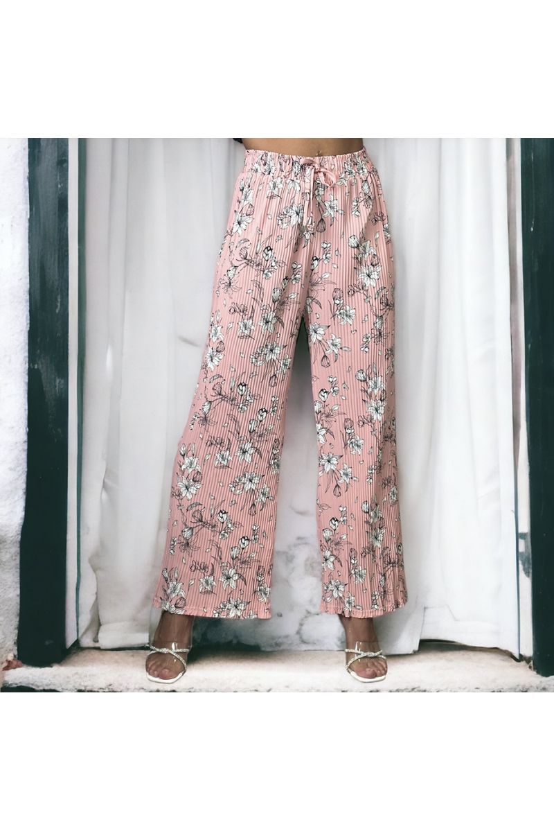 Pink floral pleated palazzo pants - 2
