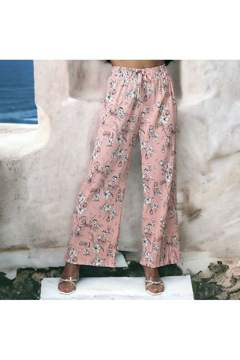 Pink floral pleated palazzo pants - 3