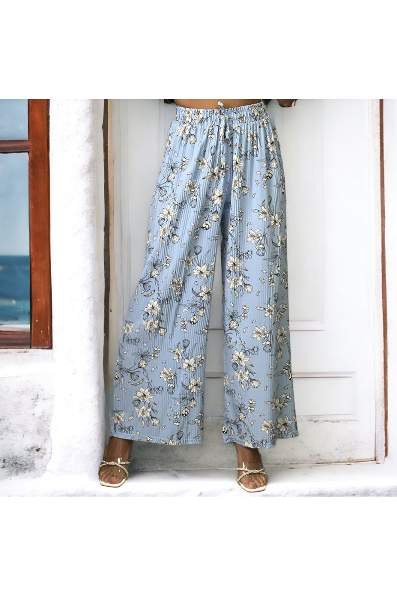 Turquoise pleated palazzo pants with flower pattern - 1