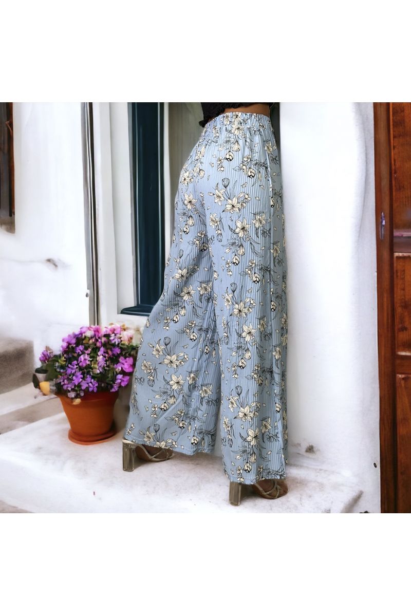 Pantalon palazzo plissé turquoise motif fleurs   - 2