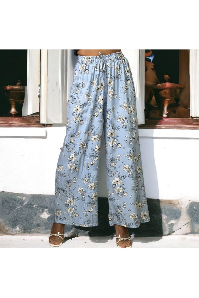 Turquoise pleated palazzo pants with flower pattern - 3