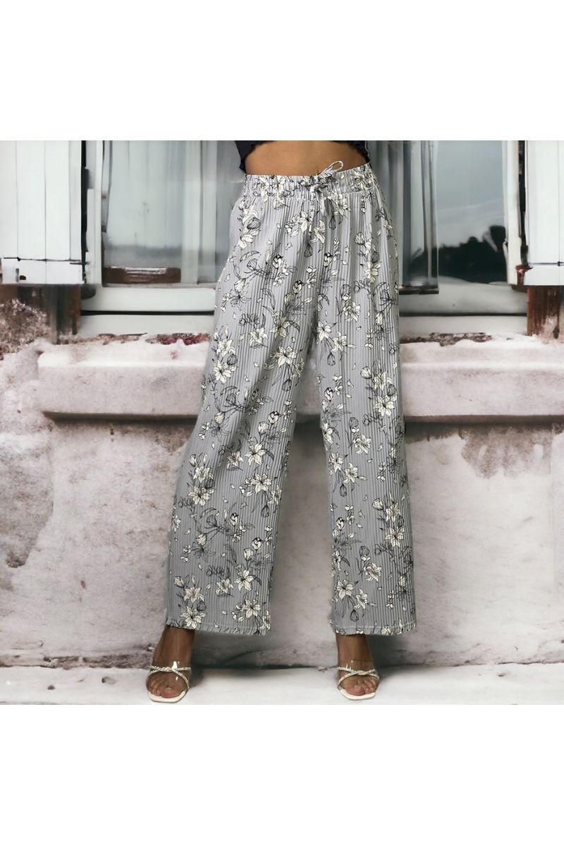 Gray floral pleated palazzo pants - 1