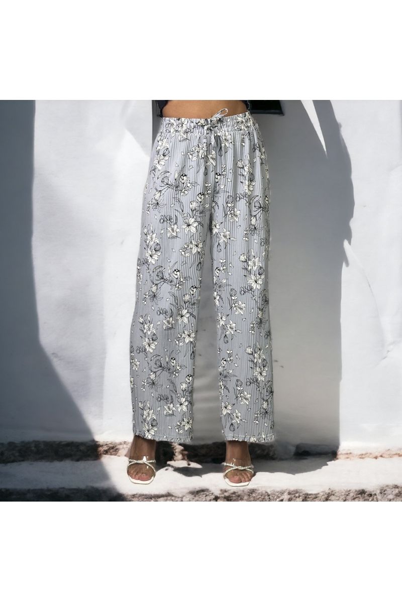 Pantalon palazzo plissé gris motif fleurs   - 2