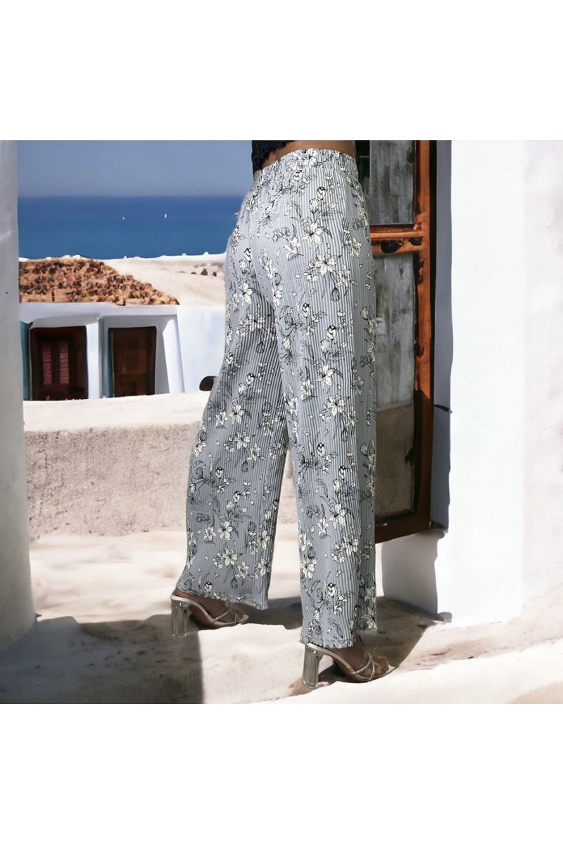 Pantalon palazzo plissé gris motif fleurs   - 3