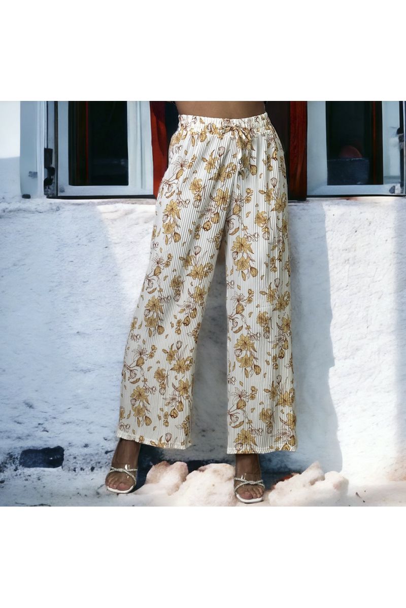 White pleated palazzo trousers with flower pattern - 1