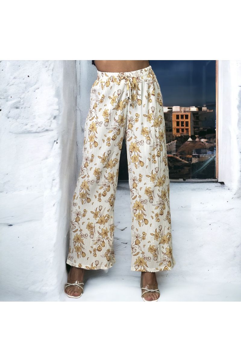 Pantalon palazzo plissé blanc motif fleurs   - 2