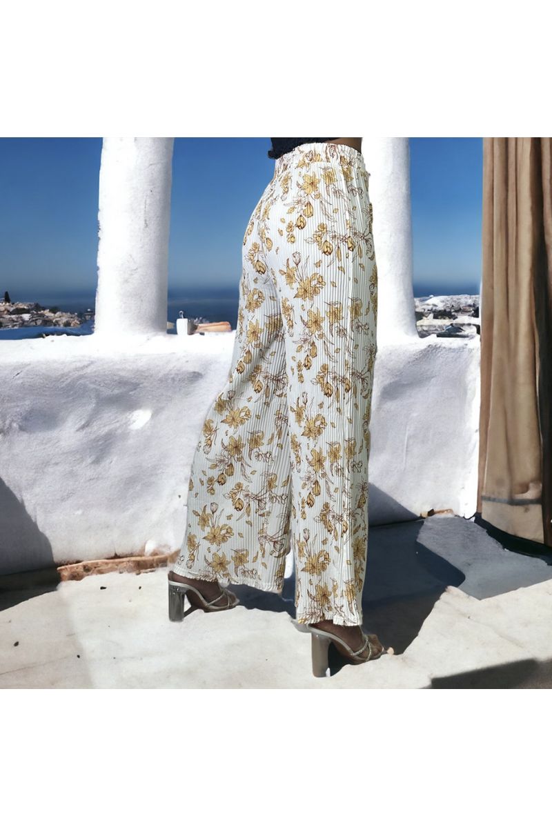 Pantalon palazzo plissé blanc motif fleurs   - 3