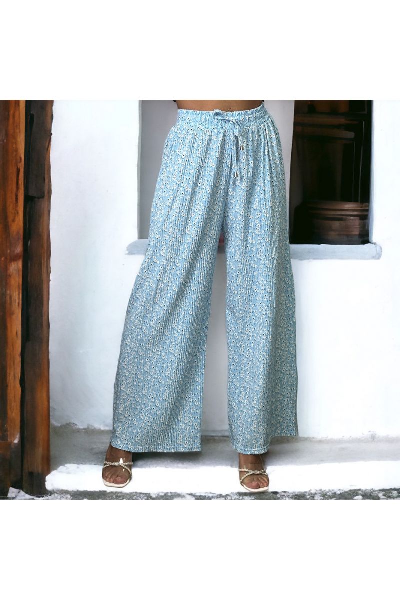 Turquoise pleated palazzo pants with floral pattern - 1