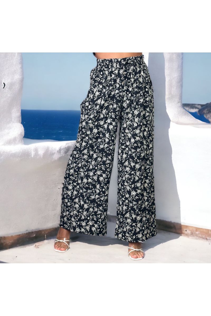 Black pleated palazzo pants with flower pattern - 1