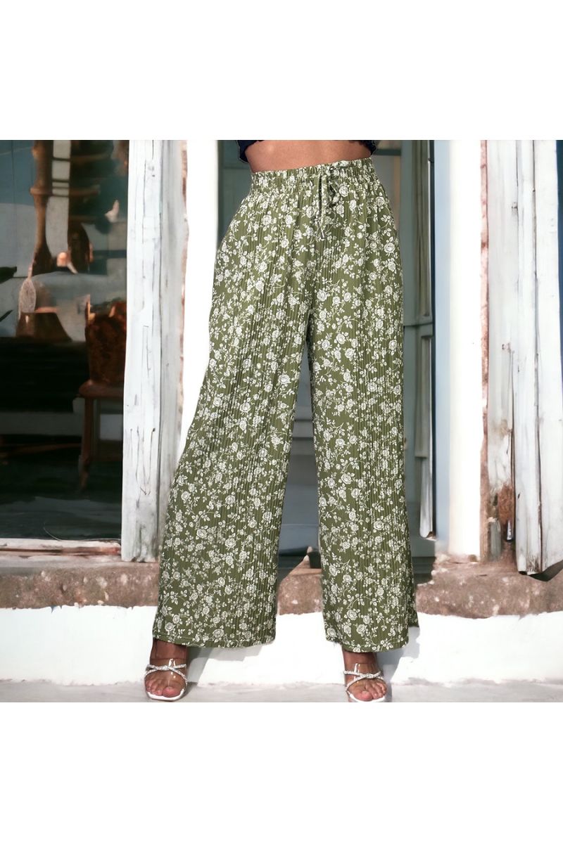 Khaki pleated palazzo pants with flower pattern - 1