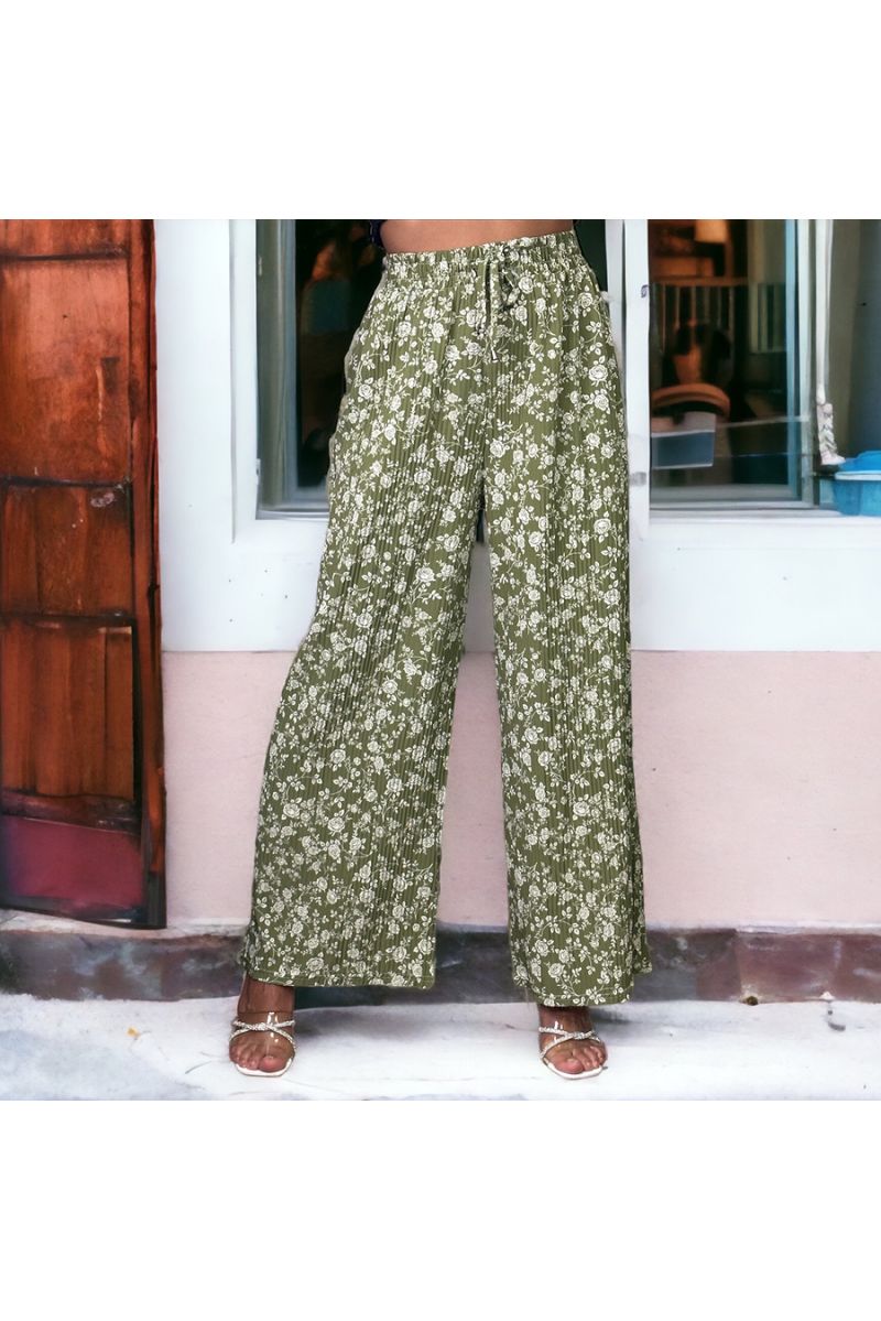 Khaki pleated palazzo pants with flower pattern - 2