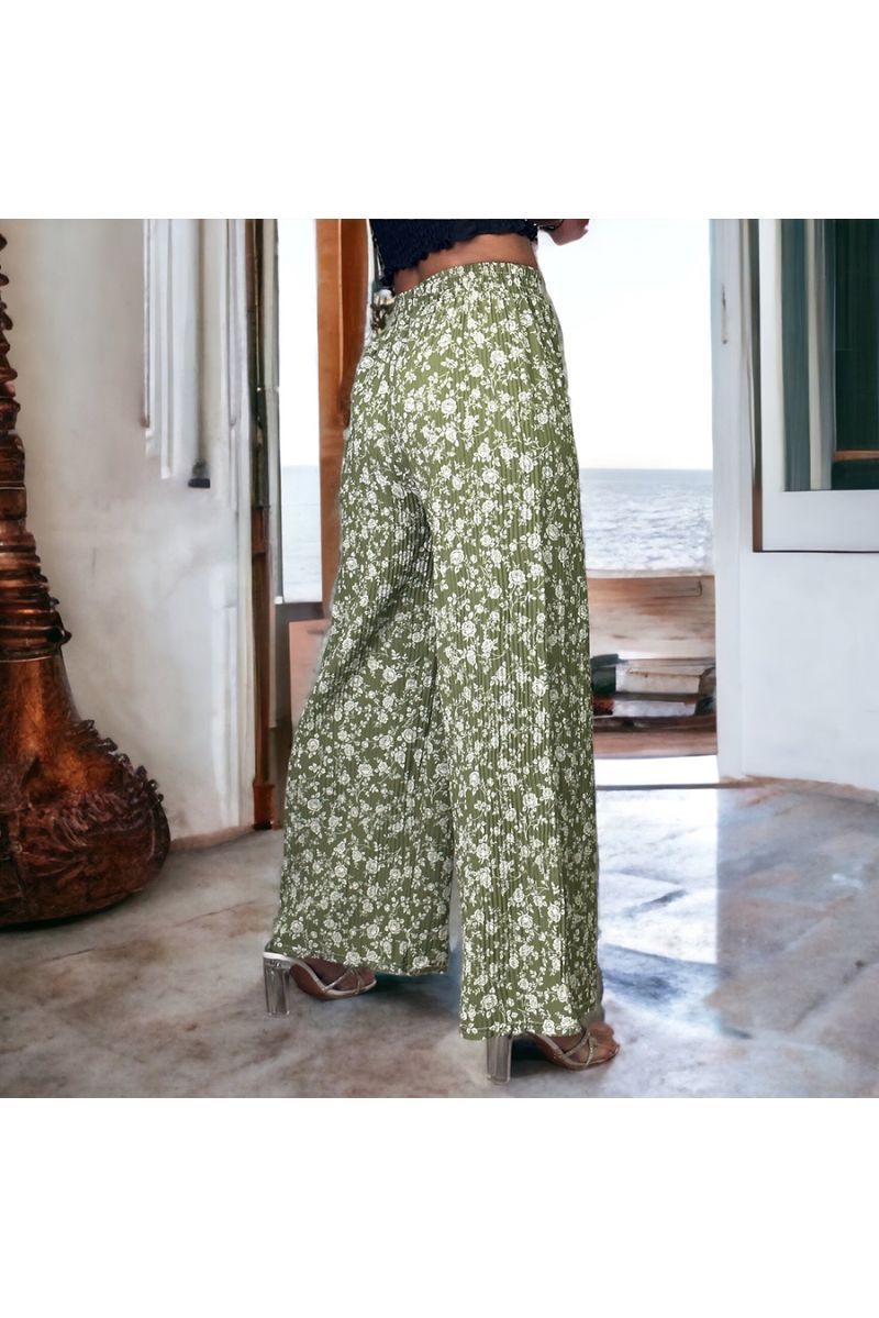 Khaki pleated palazzo pants with flower pattern - 3