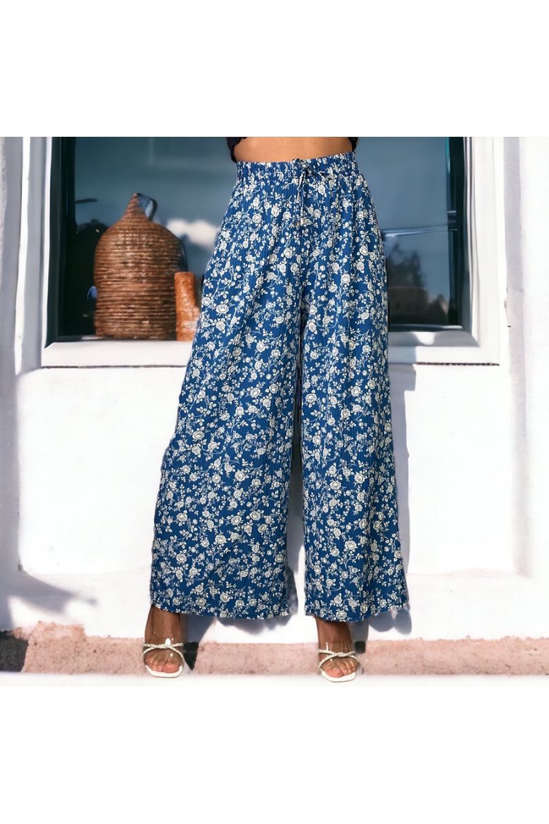 Blue pleated palazzo trousers with flower pattern - 1