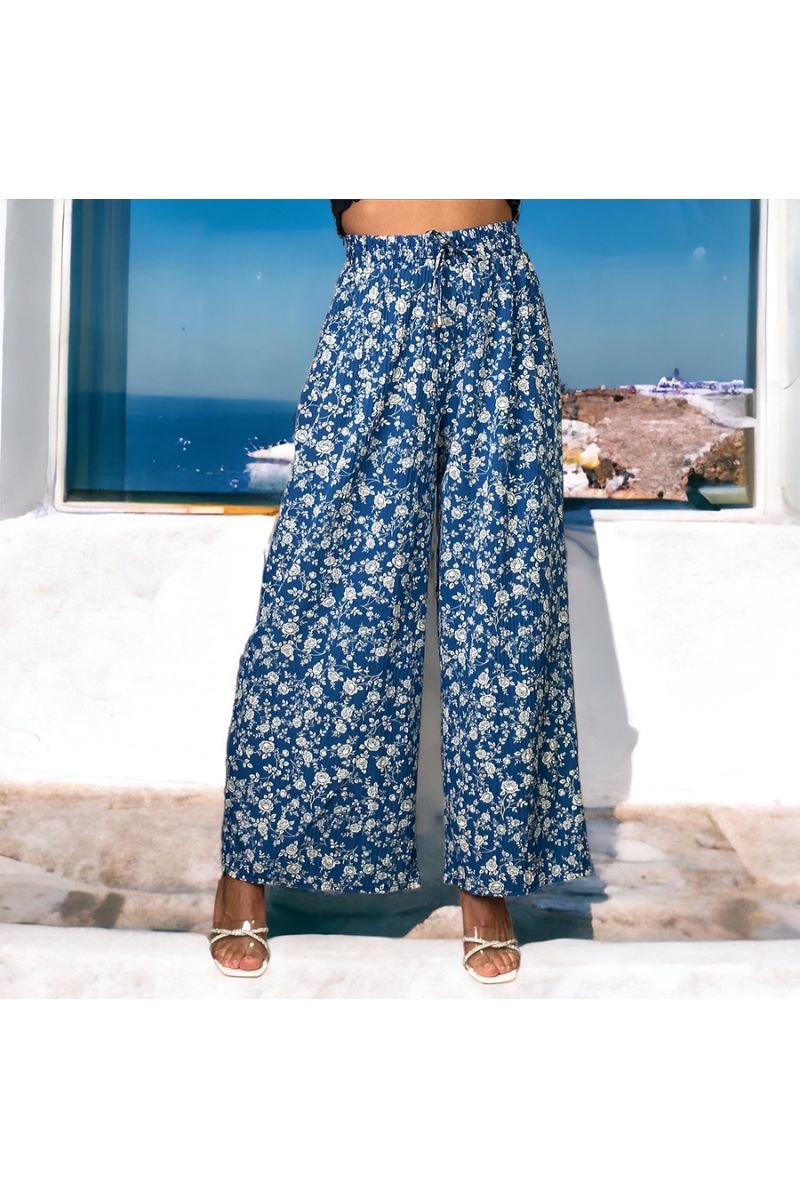 Blue pleated palazzo trousers with flower pattern - 2