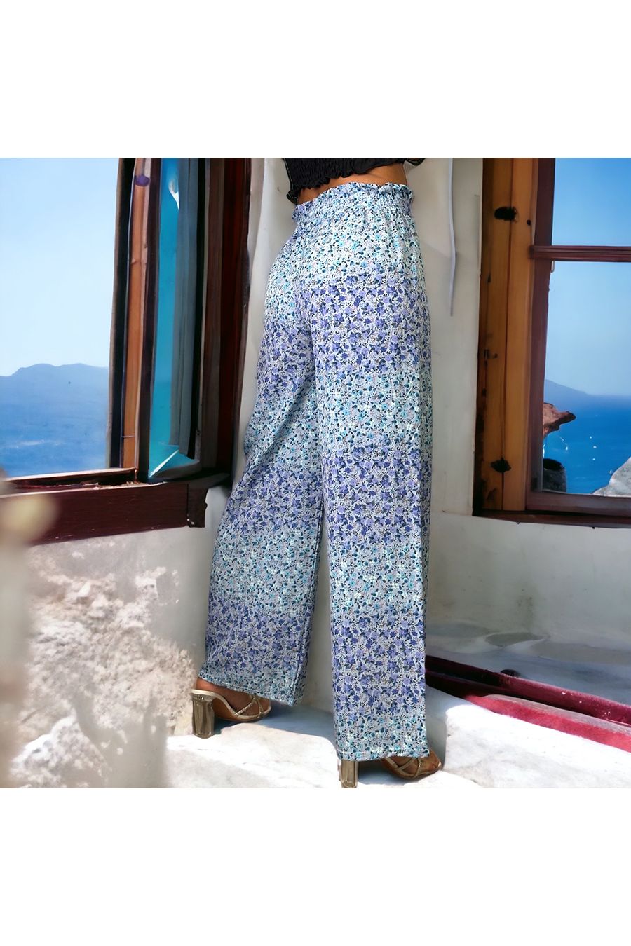 Pantalon palazzo bleu motif fleuris - 3