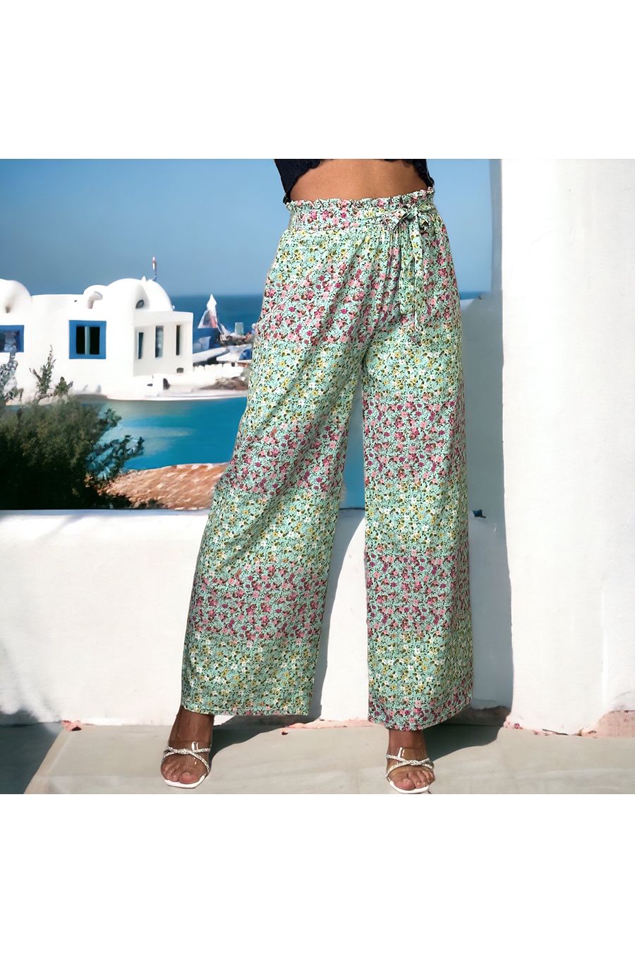 Pantalon palazzo vert motif fleuris   - 1