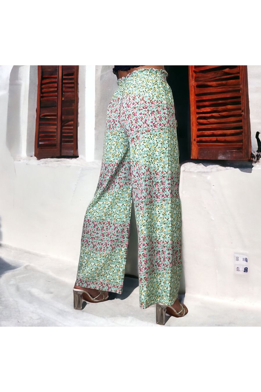 Pantalon palazzo vert motif fleuris   - 2