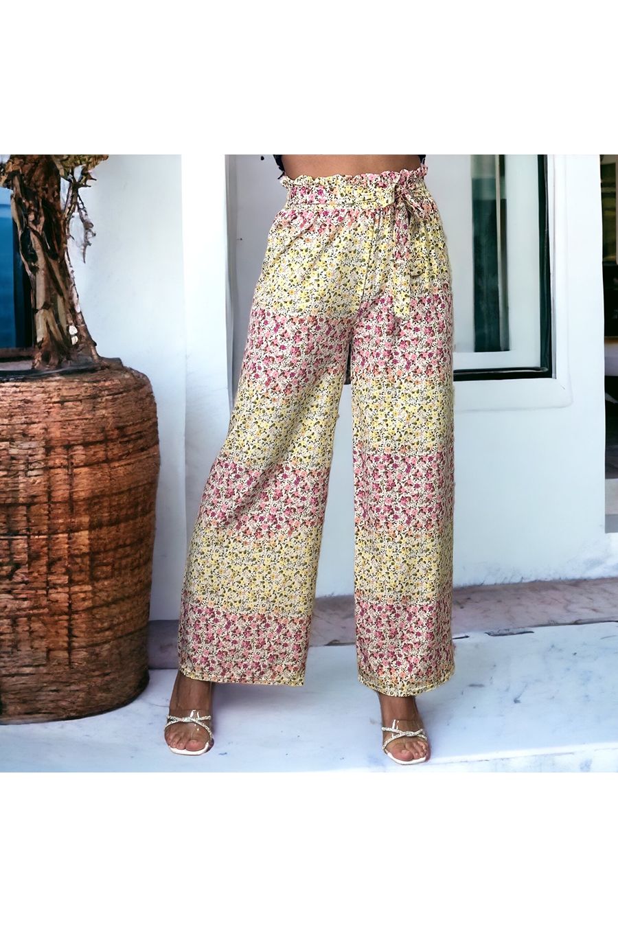 Pantalon palazzo rose motif fleuris   - 1