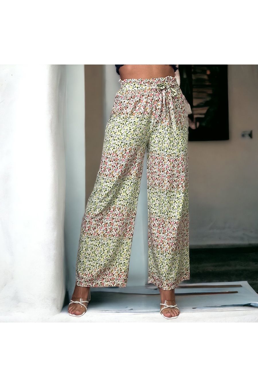 Pantalon palazzo pistache motif fleuris   - 2