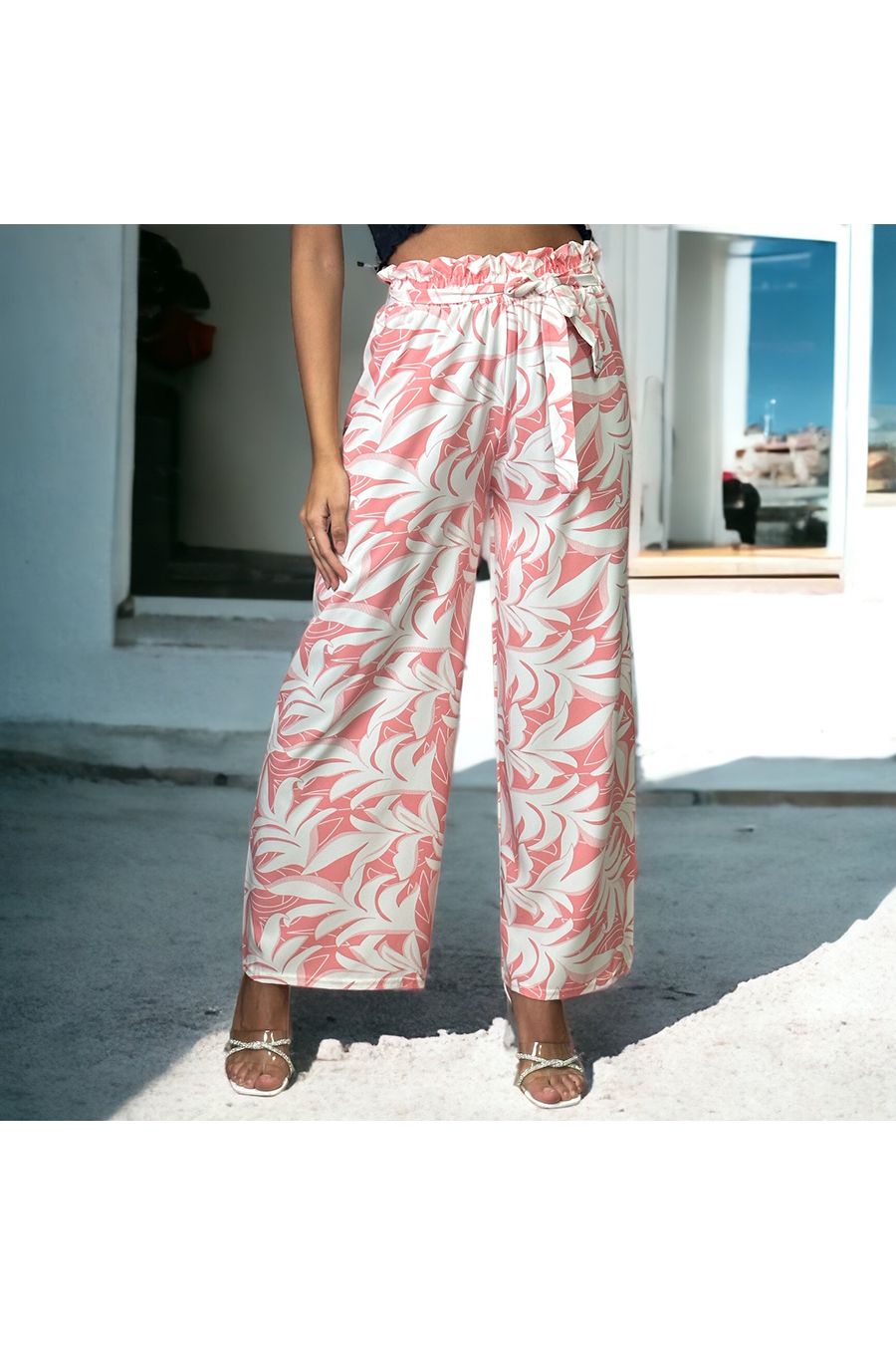 Pantalon palazzo rose imprimé tropical   - 1