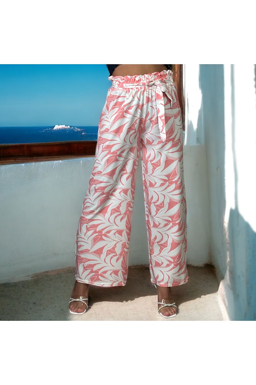 Pantalon palazzo rose imprimé tropical   - 2