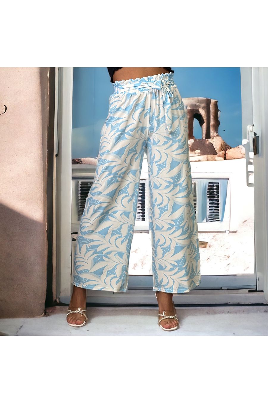 Turquoise tropical print palazzo pants - 1