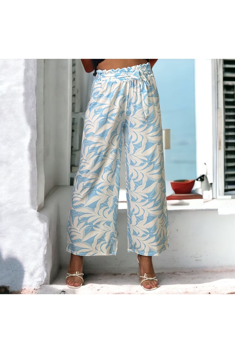 Pantalon palazzo turquoise imprimé tropical   - 2