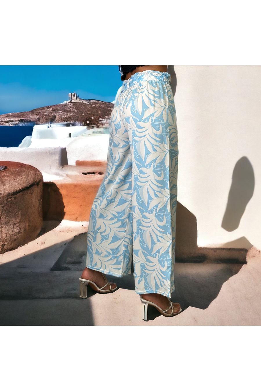 Turquoise palazzo broek met tropische print - 3