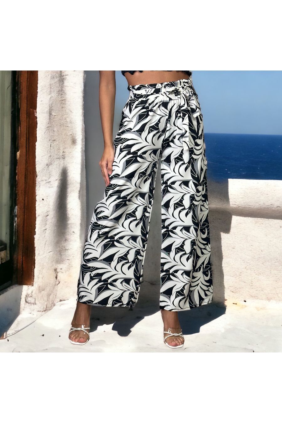 Pantalon palazzo noir imprimé tropical   - 1