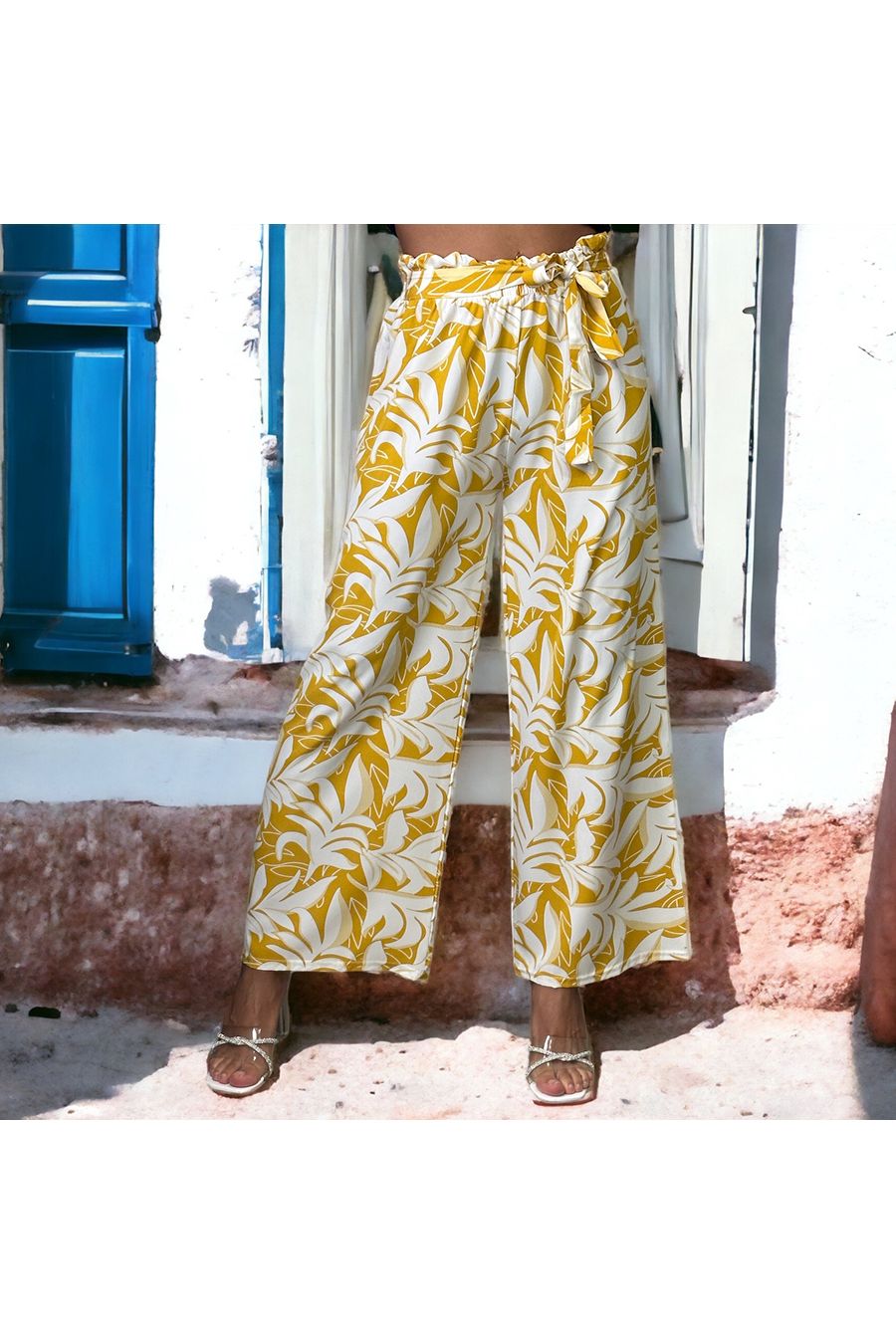 Pantalon palazzo moutarde imprimé tropical   - 1