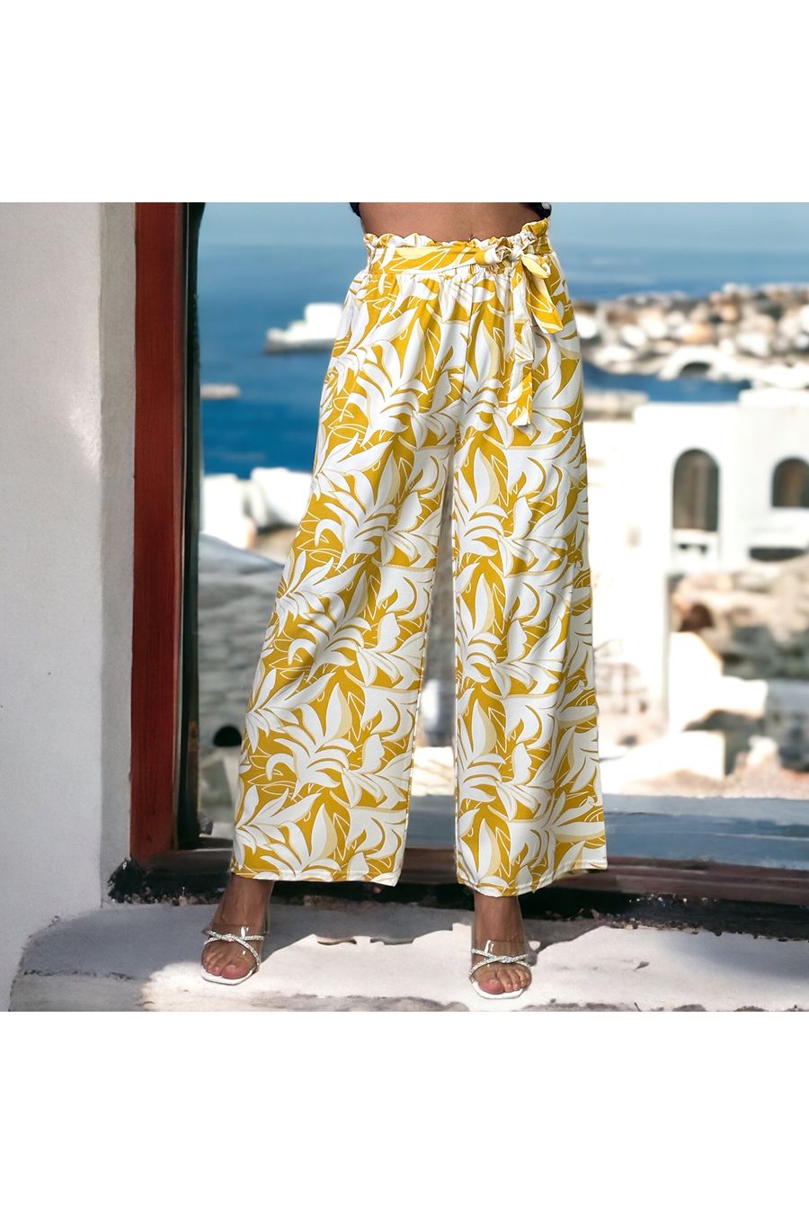 Pantalon palazzo moutarde imprimé tropical   - 2