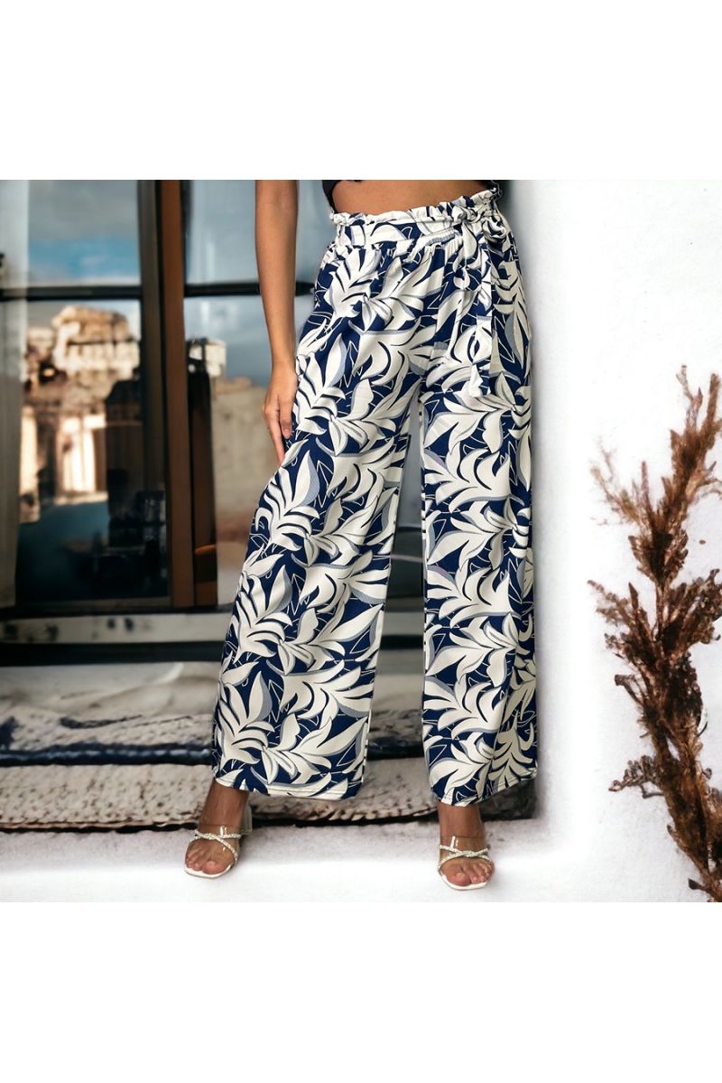Pantalon palazzo marine imprimé tropical   - 1