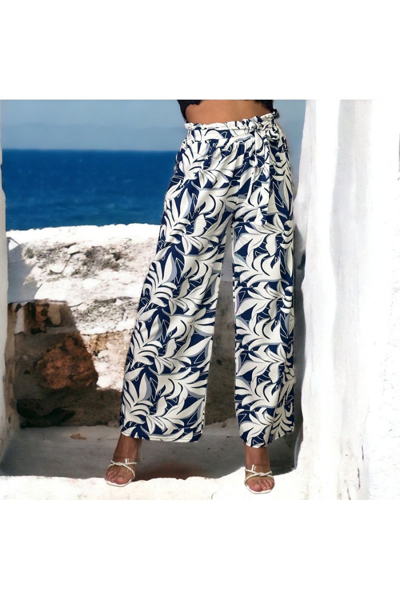 Pantalon palazzo marine imprimé tropical   - 2