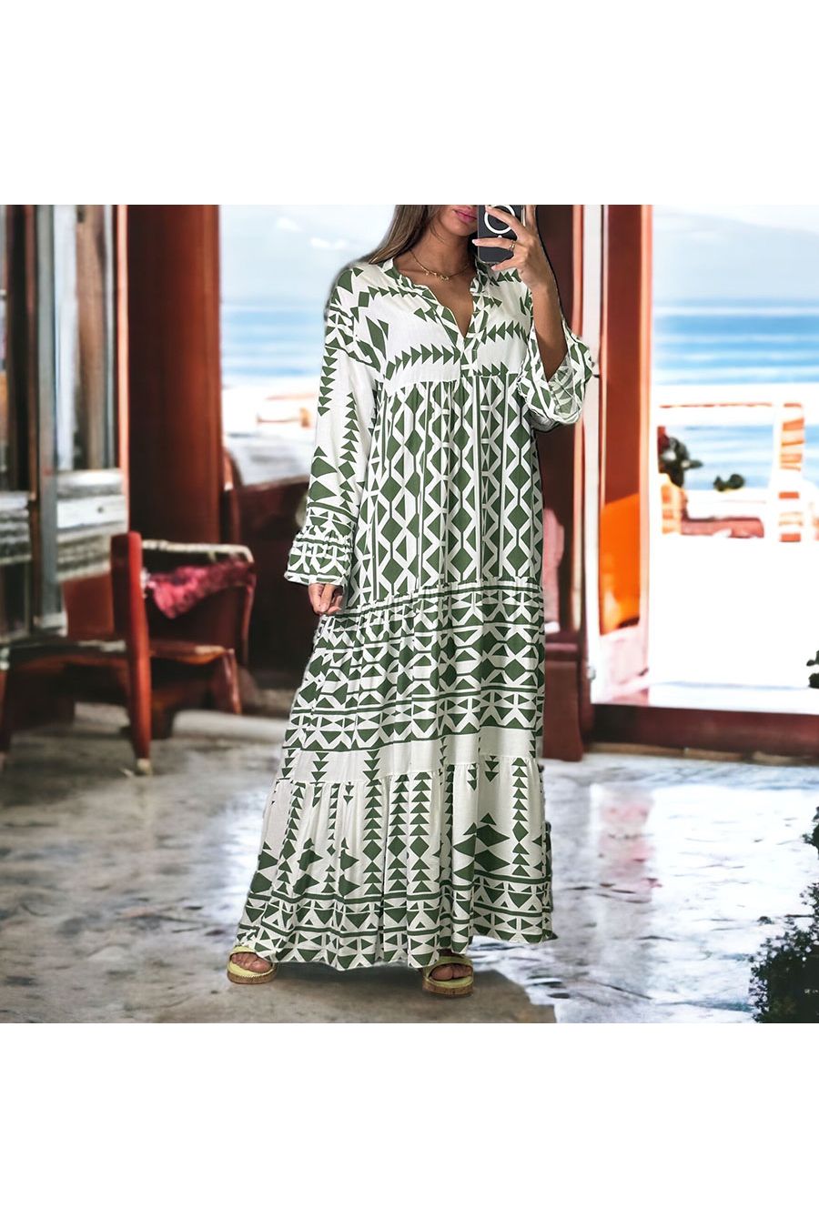 Long geometric khaki dress - 1