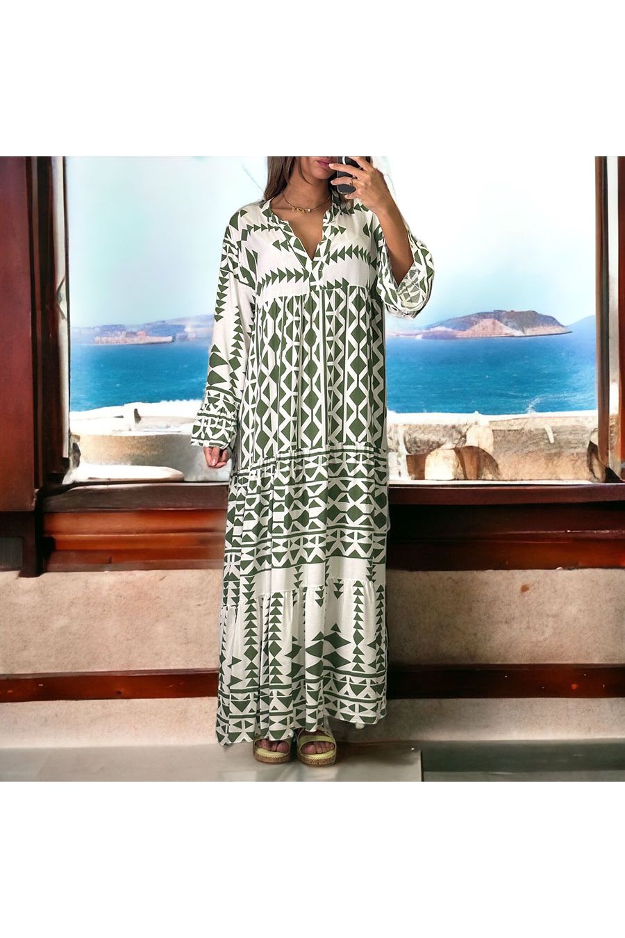 Long geometric khaki dress - 2