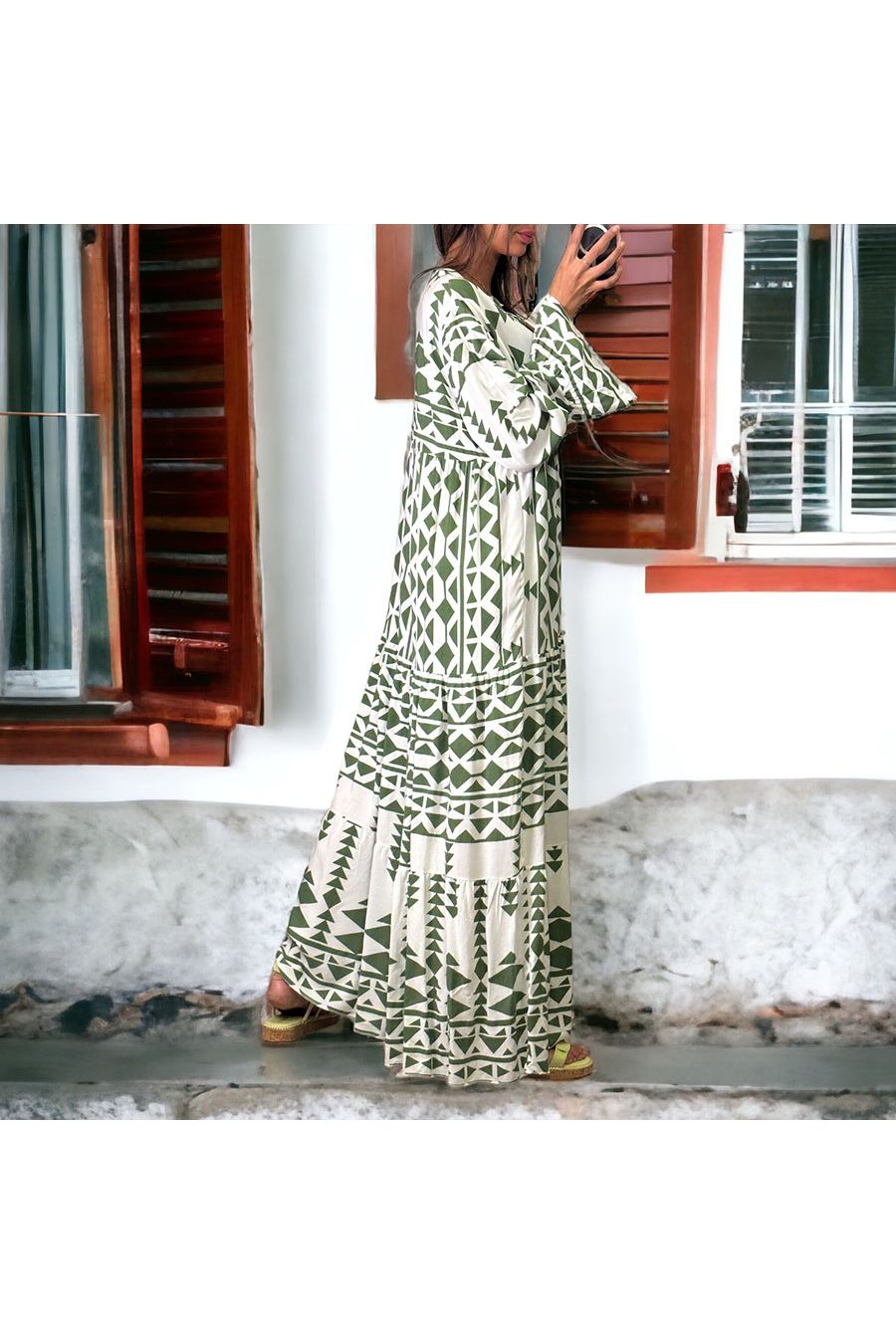 Long geometric khaki dress - 3