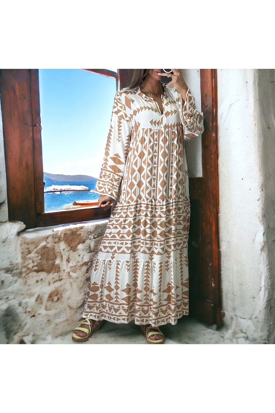 Longue robe taupe géométrique - 1