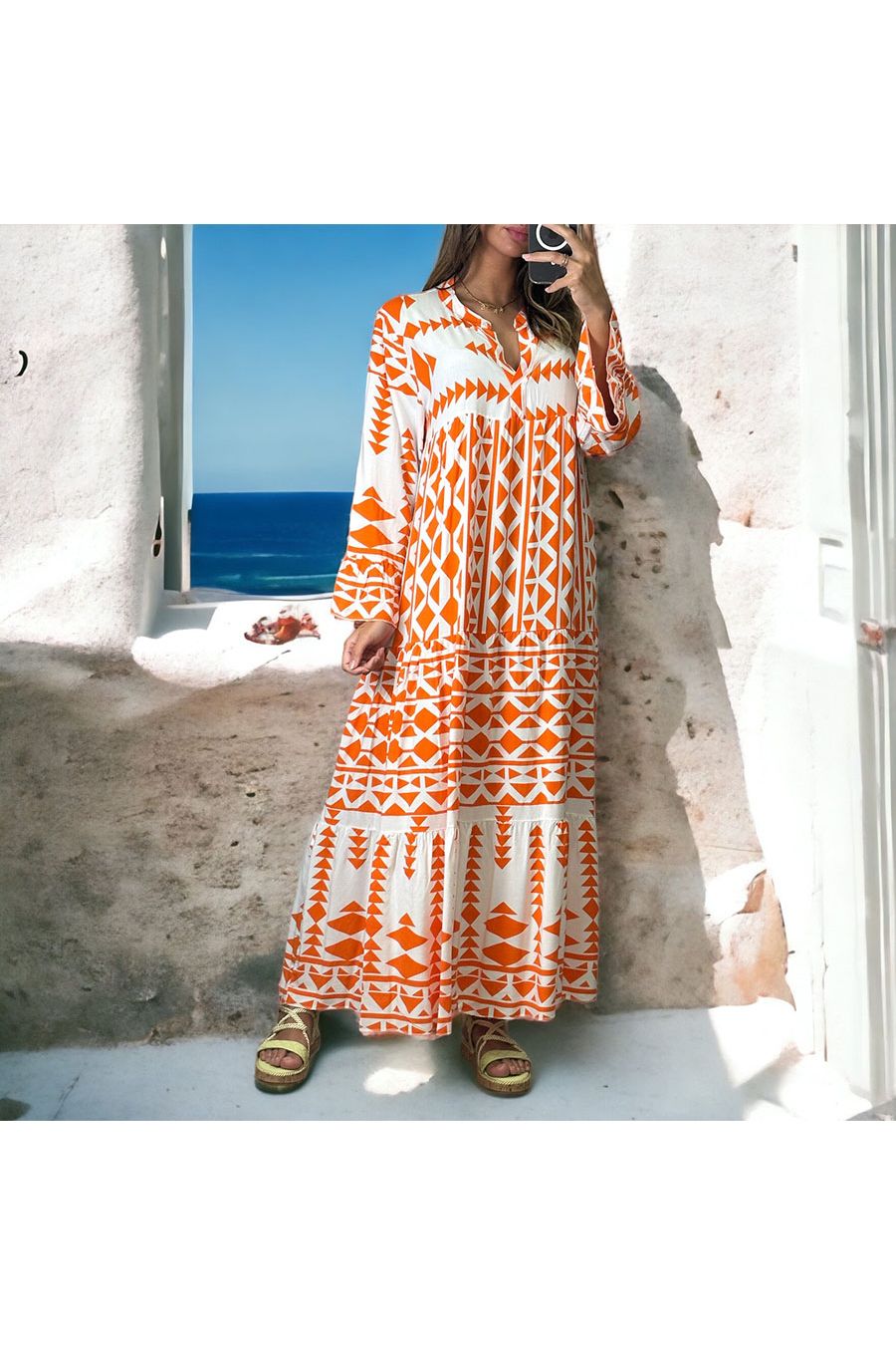 Longue robe orange géométrique - 1