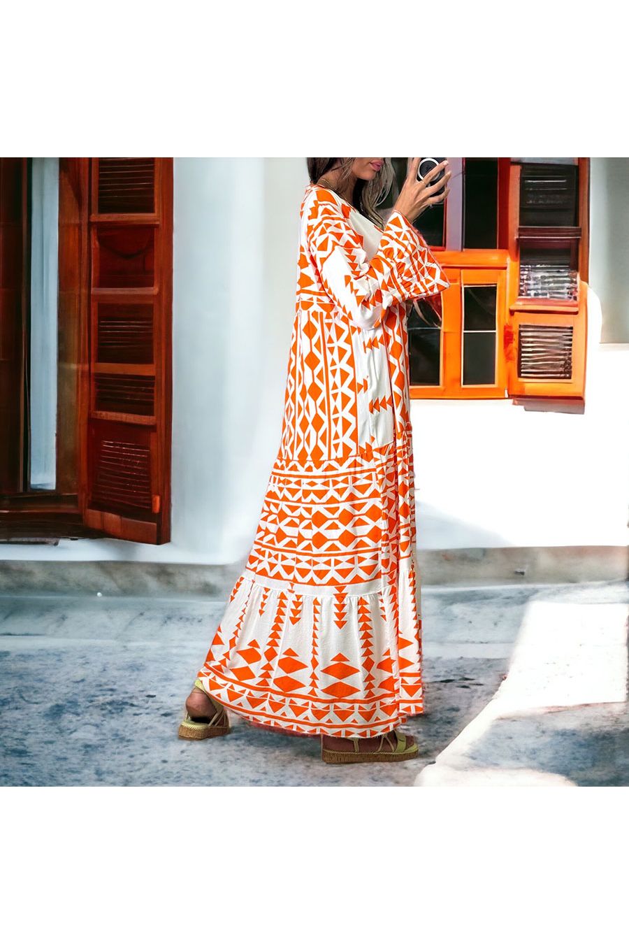 Lange geometrische oranje jurk - 2