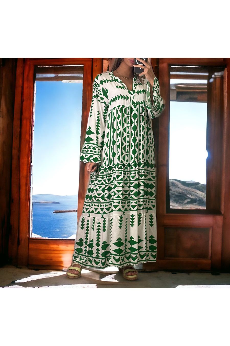 Long geometric green dress - 1