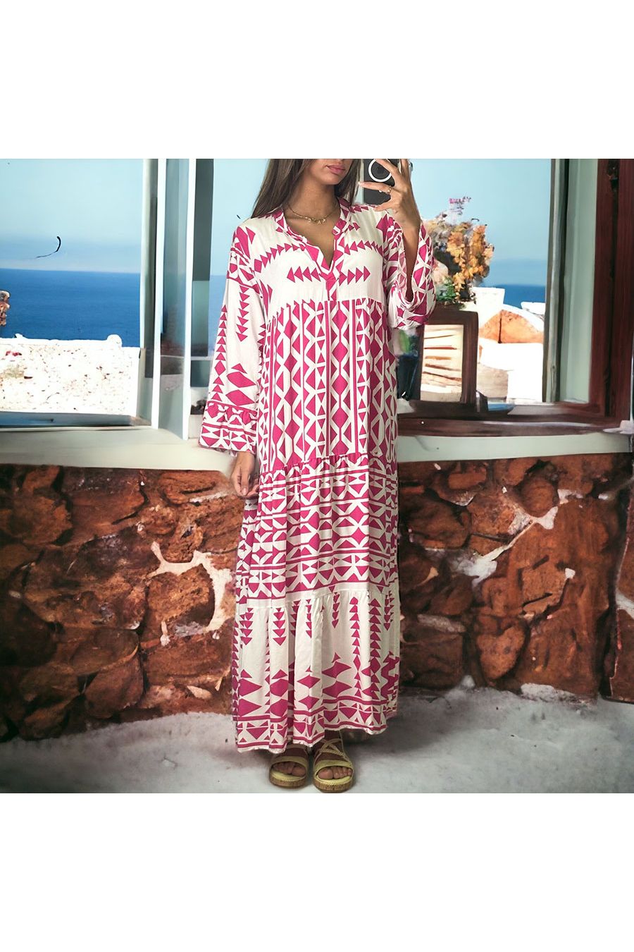 Lange geometrische fuchsia jurk - 2