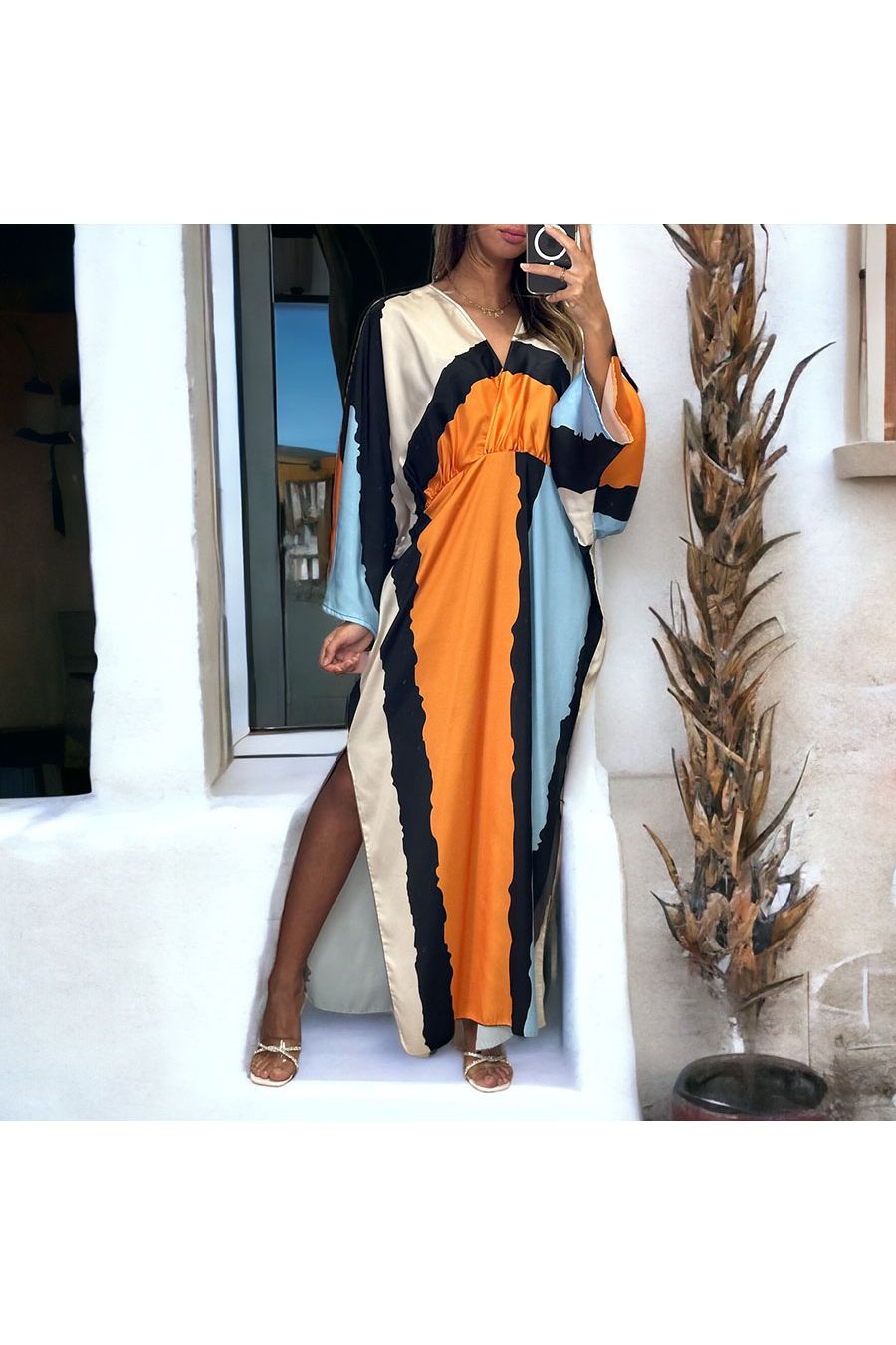 Long orange satin dress - 2