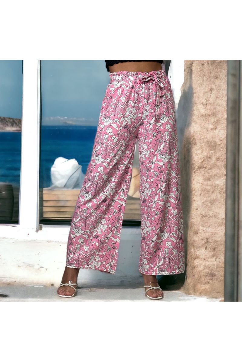 Pantalon palazzo imprimé fleuris rose - 1 Pantalon palazzo imprimé fleuris rose - 1